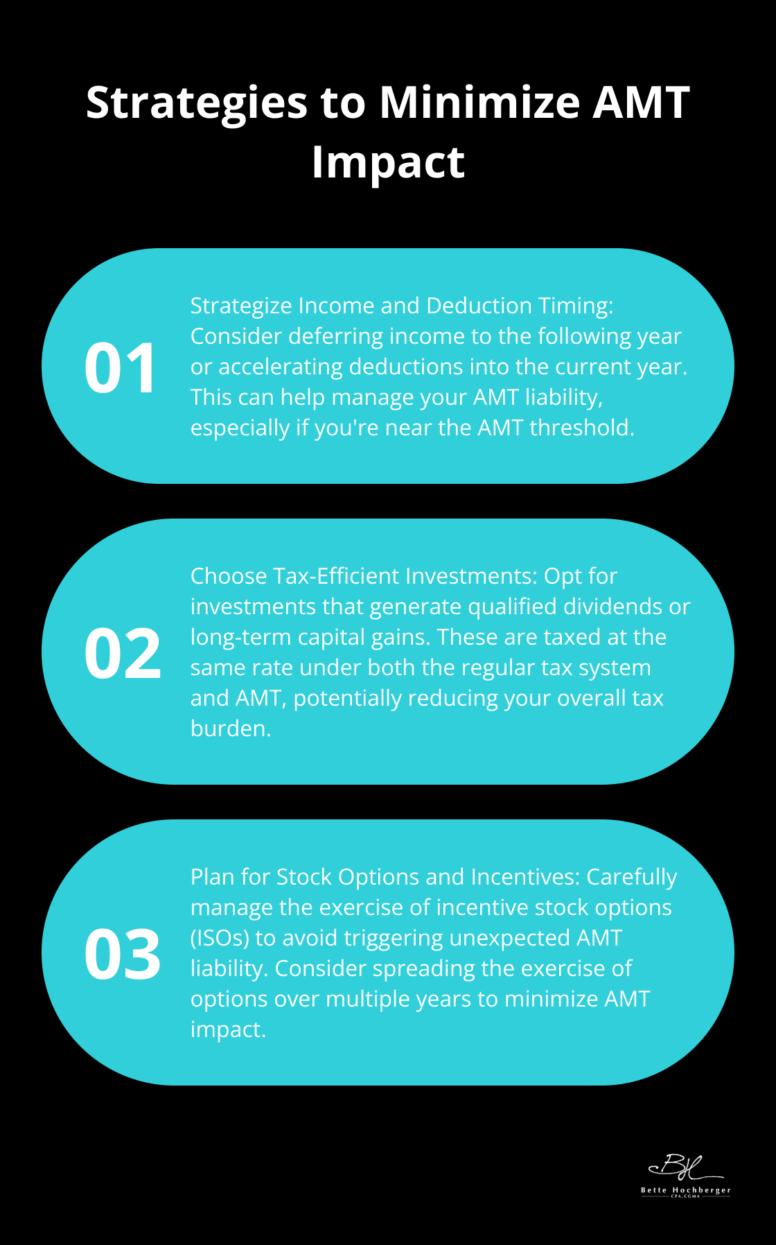 Ordered list chart showing three main strategies to minimize Alternative Minimum Tax impact