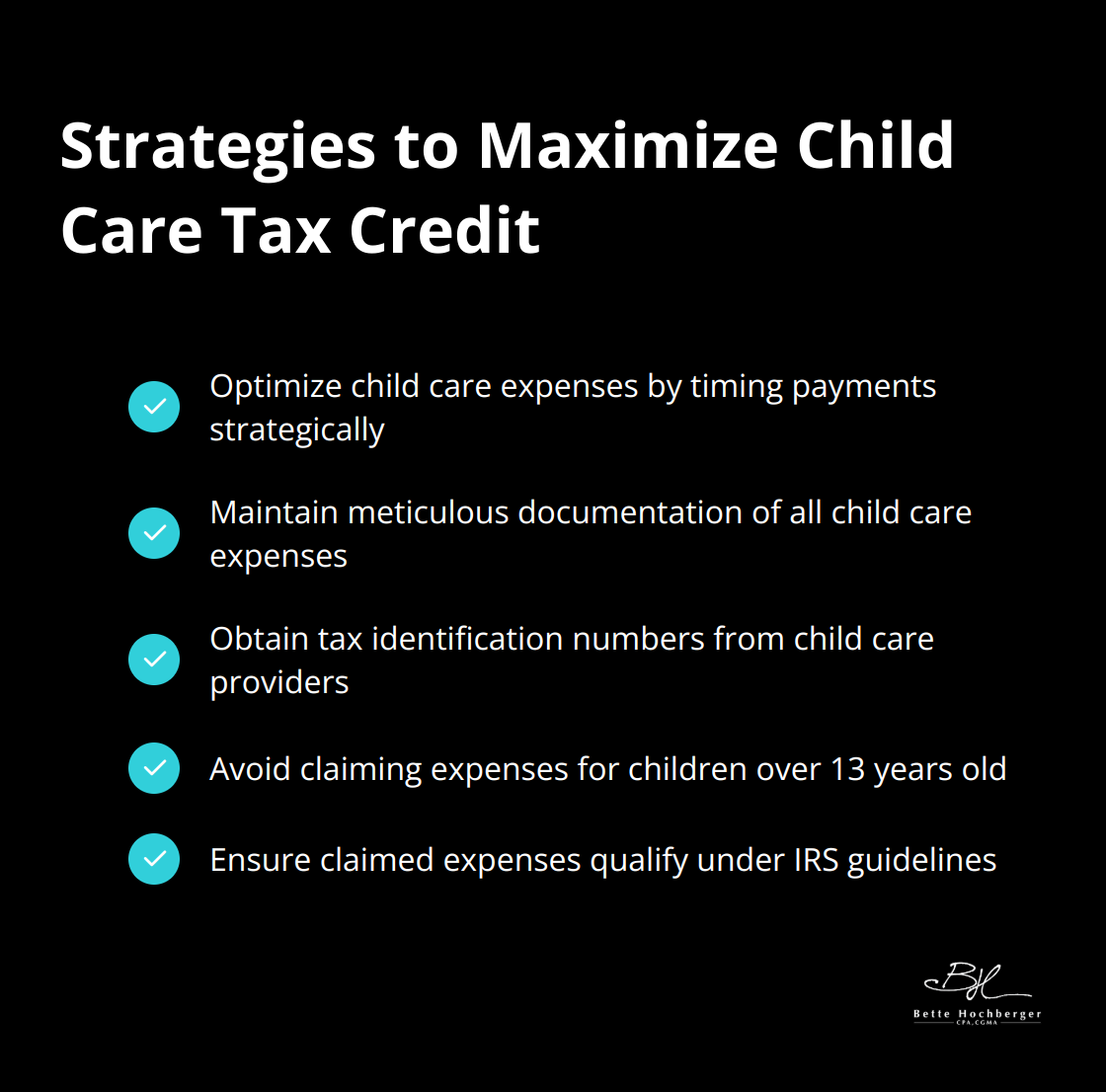 Checkmark list of strategies to maximize the Child Care Tax Credit for small business owners