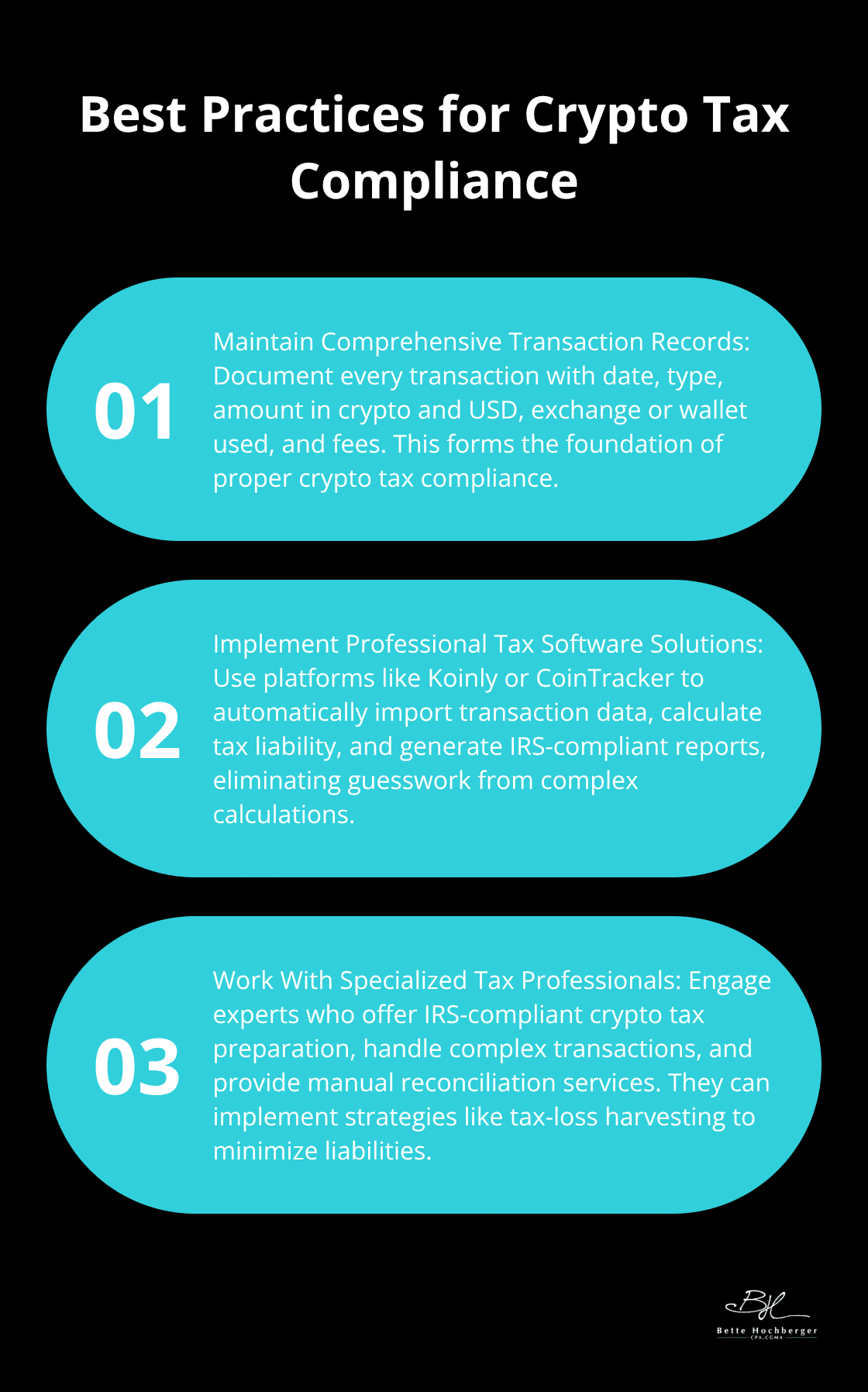 An ordered list chart showing three best practices for cryptocurrency tax compliance: maintain comprehensive records, use professional tax software, and work with specialized tax professionals.