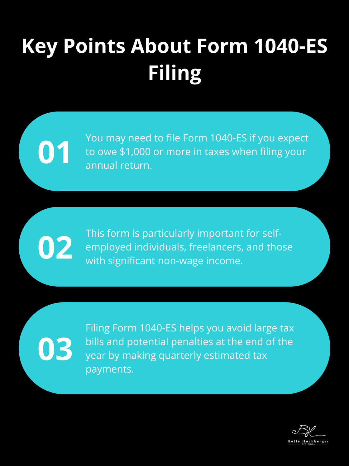 Ordered list chart showing three key points about Form 1040-ES filing requirements - Estimated taxes