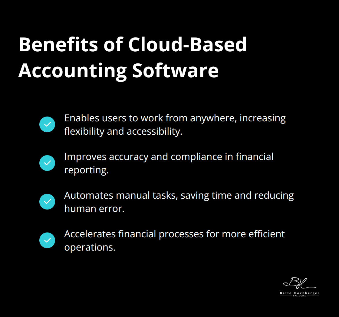 Checkmark list showing four key benefits of using cloud-based accounting software for businesses - Financial Red Flags