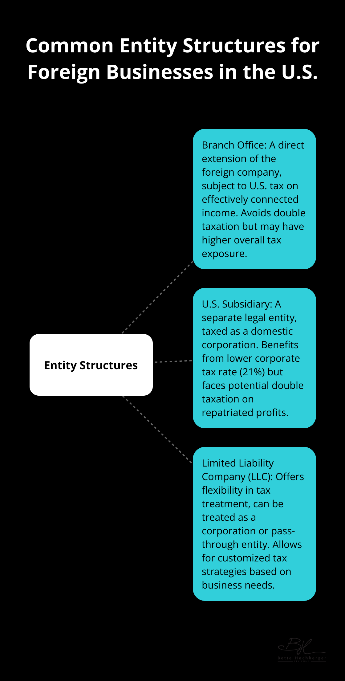 Hub and spoke chart showing three common entity structures for foreign businesses operating in the U.S.: Branch Office, U.S. Subsidiary, and Limited Liability Company (LLC)