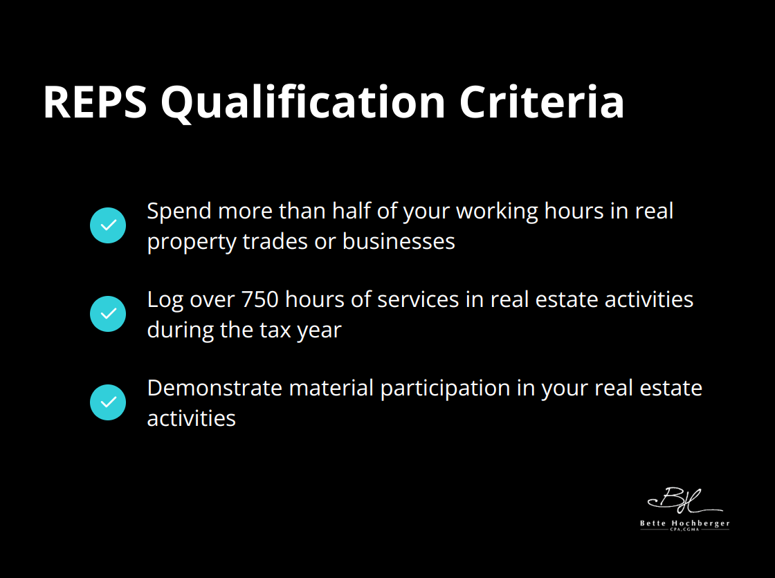 Checklist of three key points for qualifying for Real Estate Professional Status (REPS)