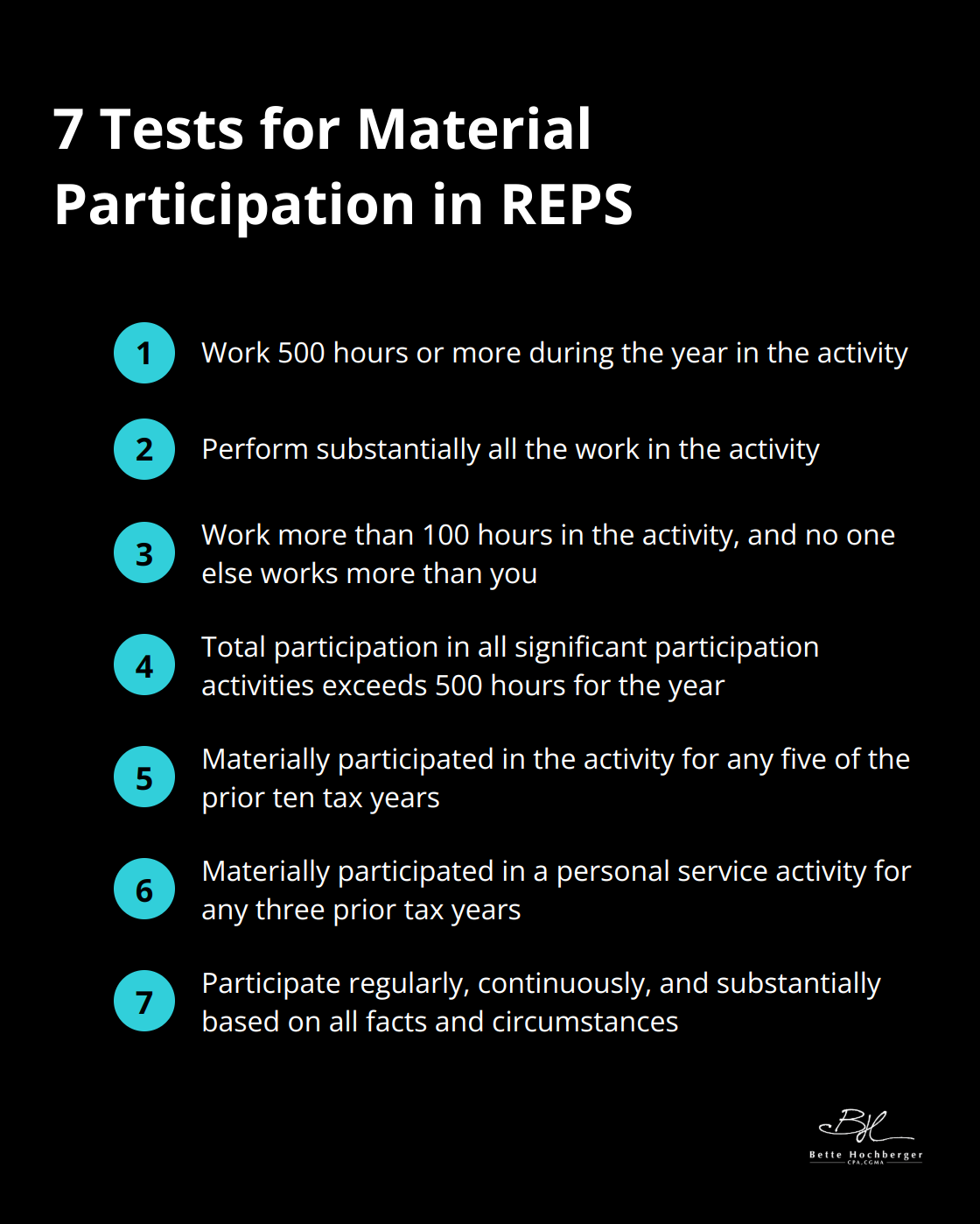 List of seven tests for proving material participation in Real Estate Professional Status (REPS)