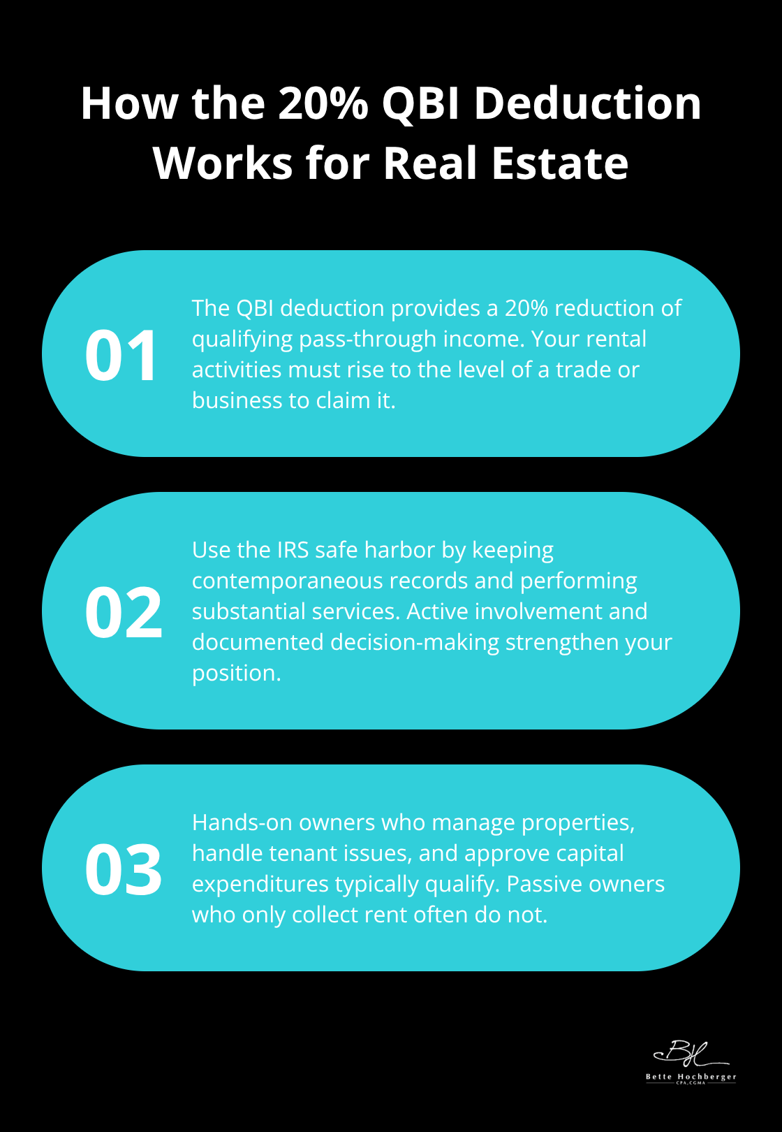 Three key points explaining the 20% QBI deduction and eligibility for real estate investors. - Real estate investor taxes