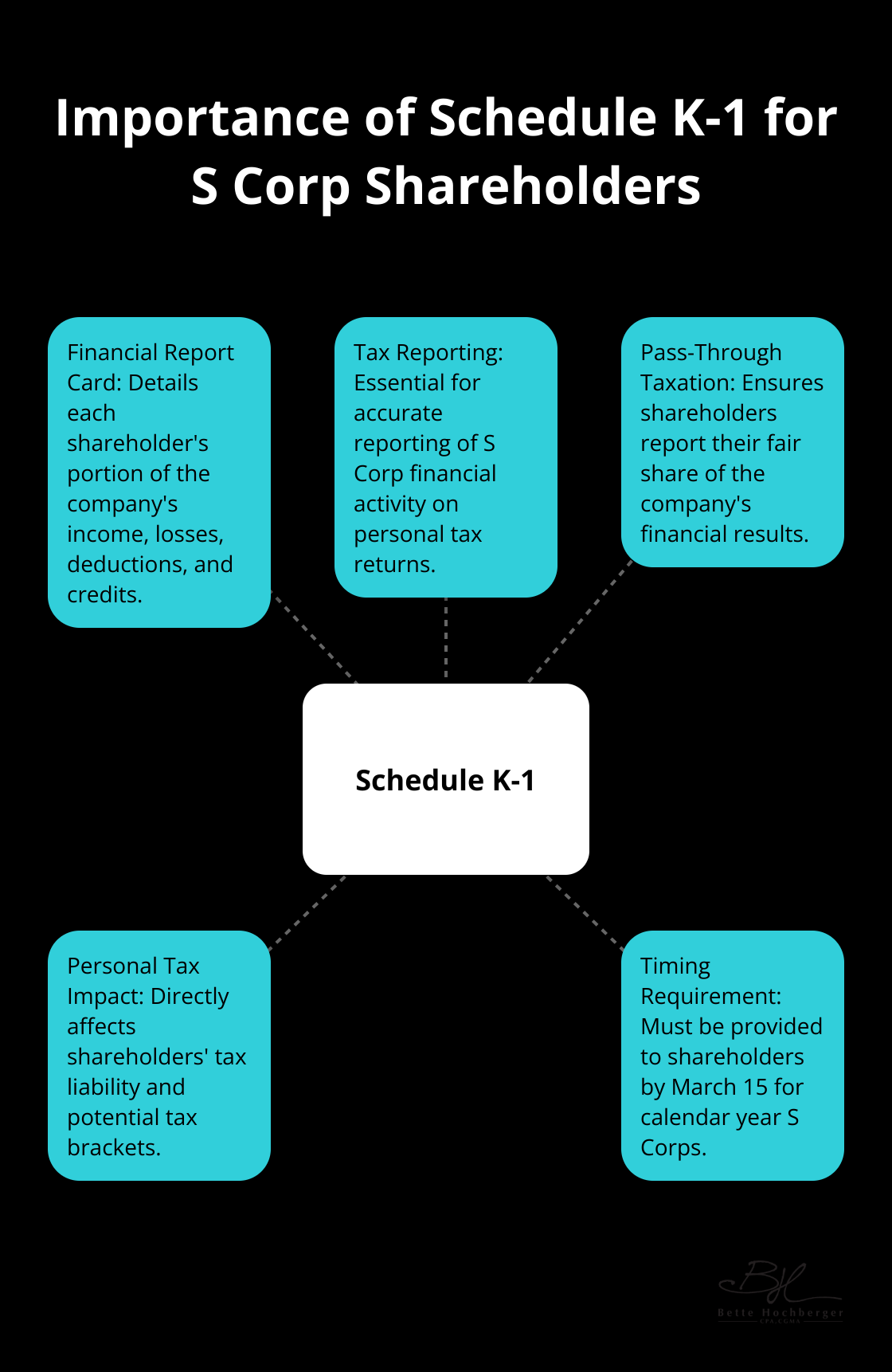 Hub and spoke chart illustrating the key aspects of Schedule K-1 for S Corporation shareholders