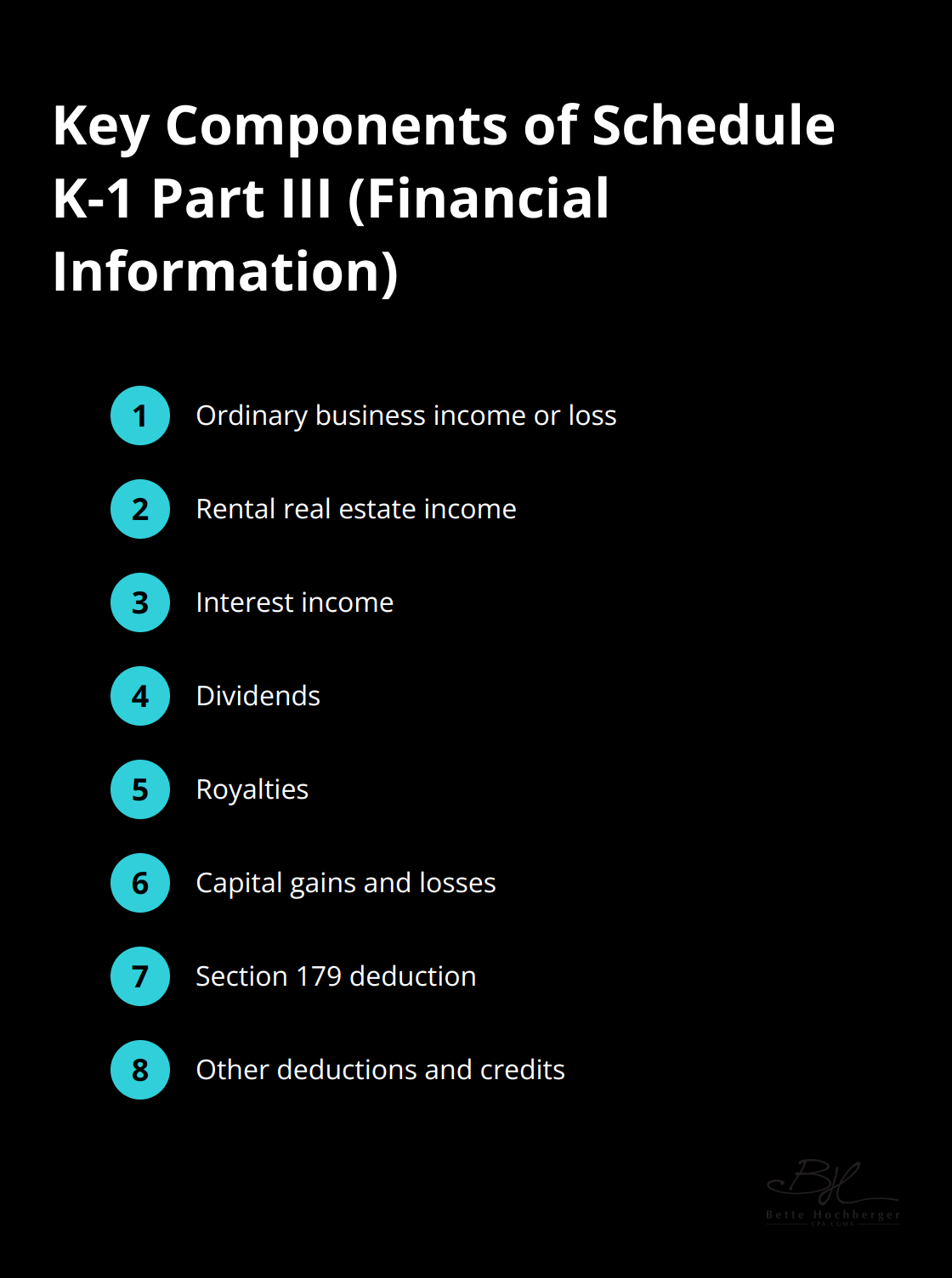 Ordered list chart showing the main categories of financial information reported in Part III of Schedule K-1