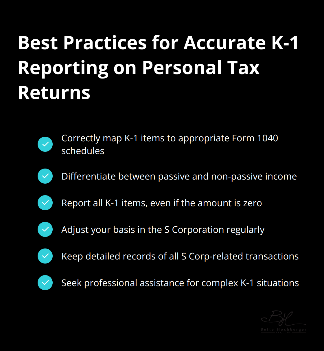 Checkmark list chart highlighting best practices for accurately reporting Schedule K-1 information on personal tax returns