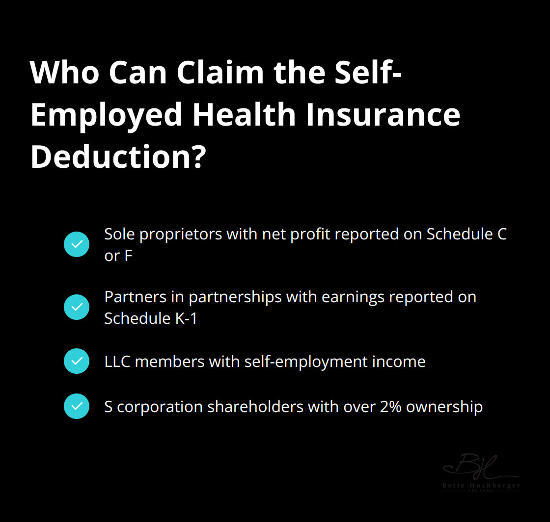 Checklist of eligible self-employed individuals for health insurance deduction: sole proprietors, partners in partnerships, LLC members, and S corporation shareholders with over 2% ownership. - Self-Employed Health Insurance Deduction