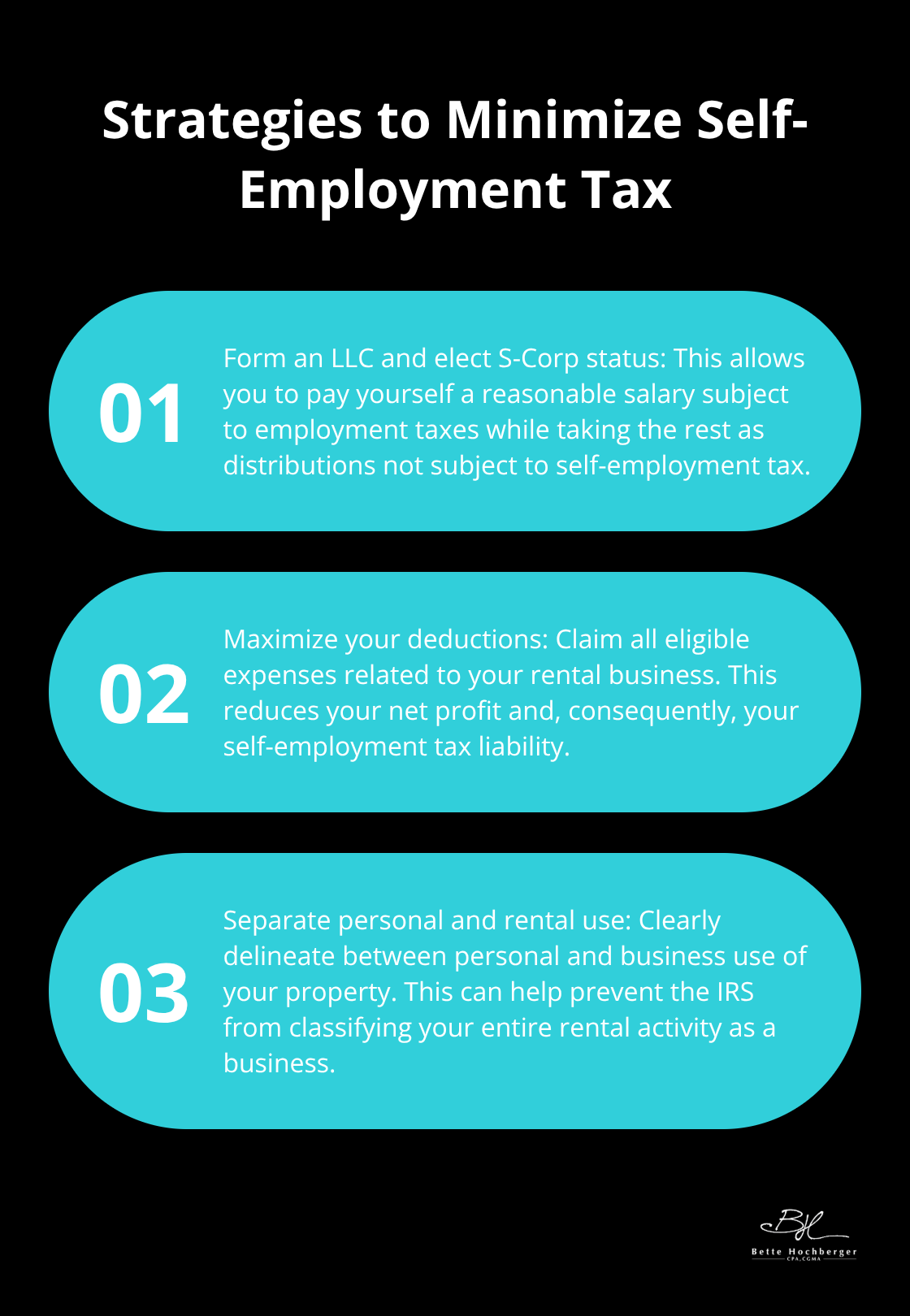 Ordered list chart showing three strategies to minimize self-employment tax for short-term rental hosts: forming an LLC with S-Corp status, maximizing deductions, and separating personal and rental use. - Short-Term Rentals and Taxes