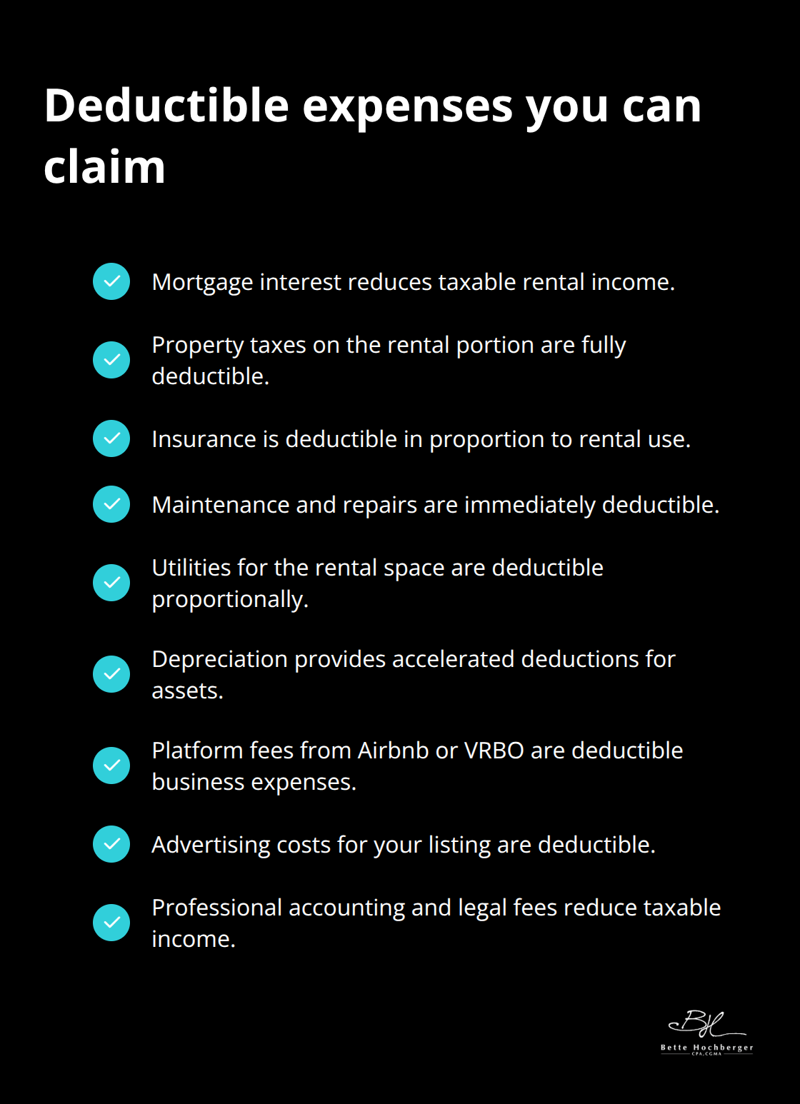 Checklist of common deductible expenses for short-term rental owners.