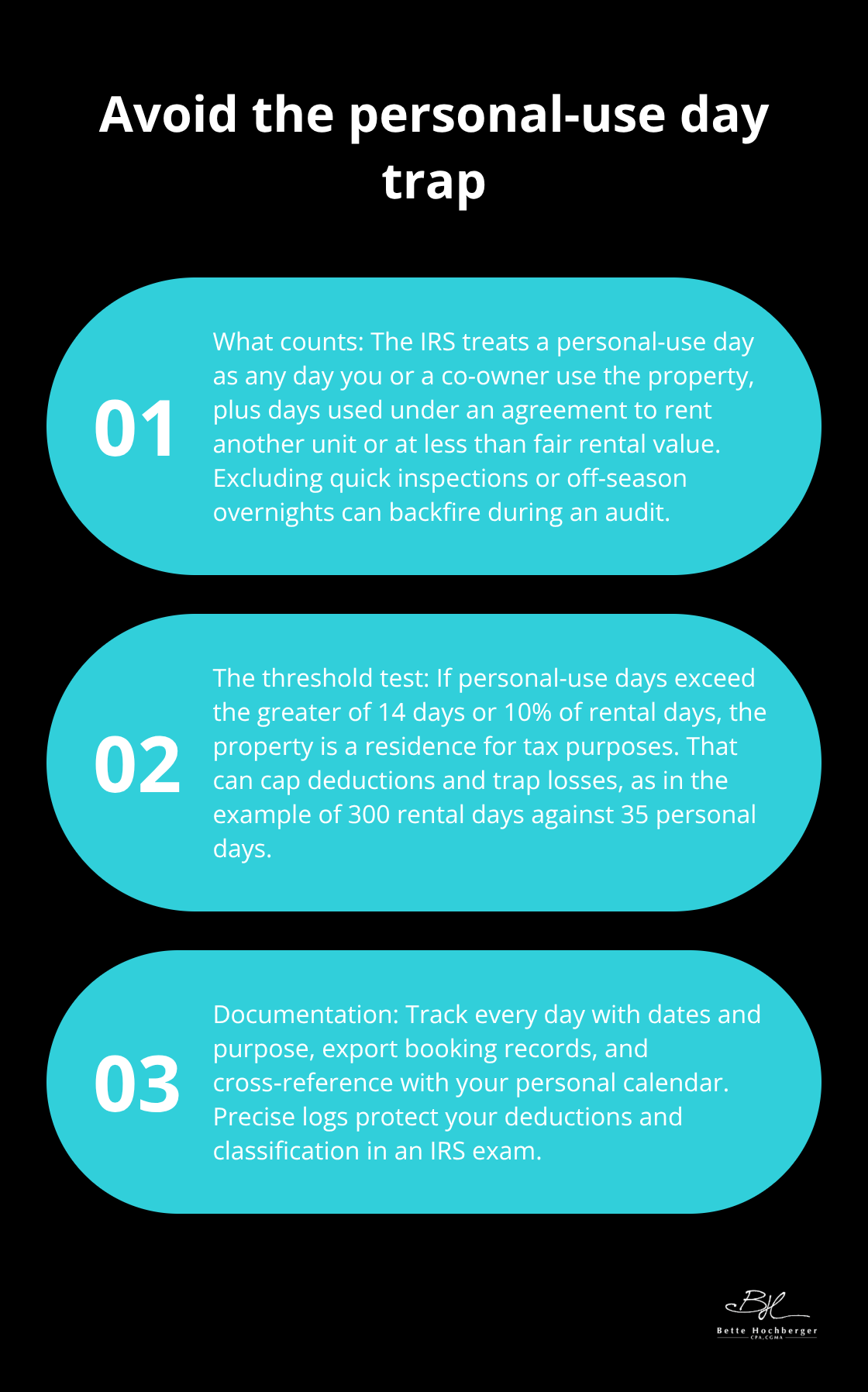 Three key rules for understanding and documenting personal-use days for short-term rentals. - Short-term rental taxes