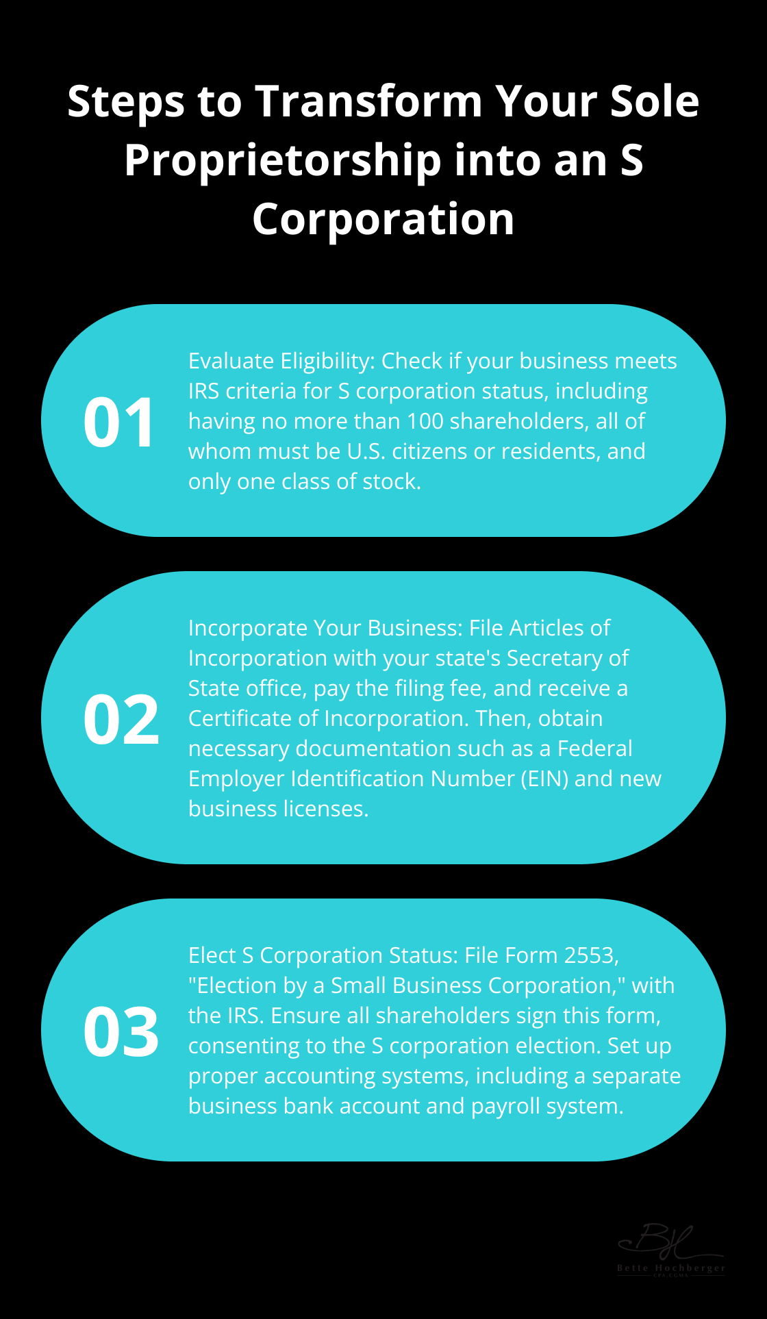 Ordered list chart outlining three main steps to transform a sole proprietorship into an S corporation