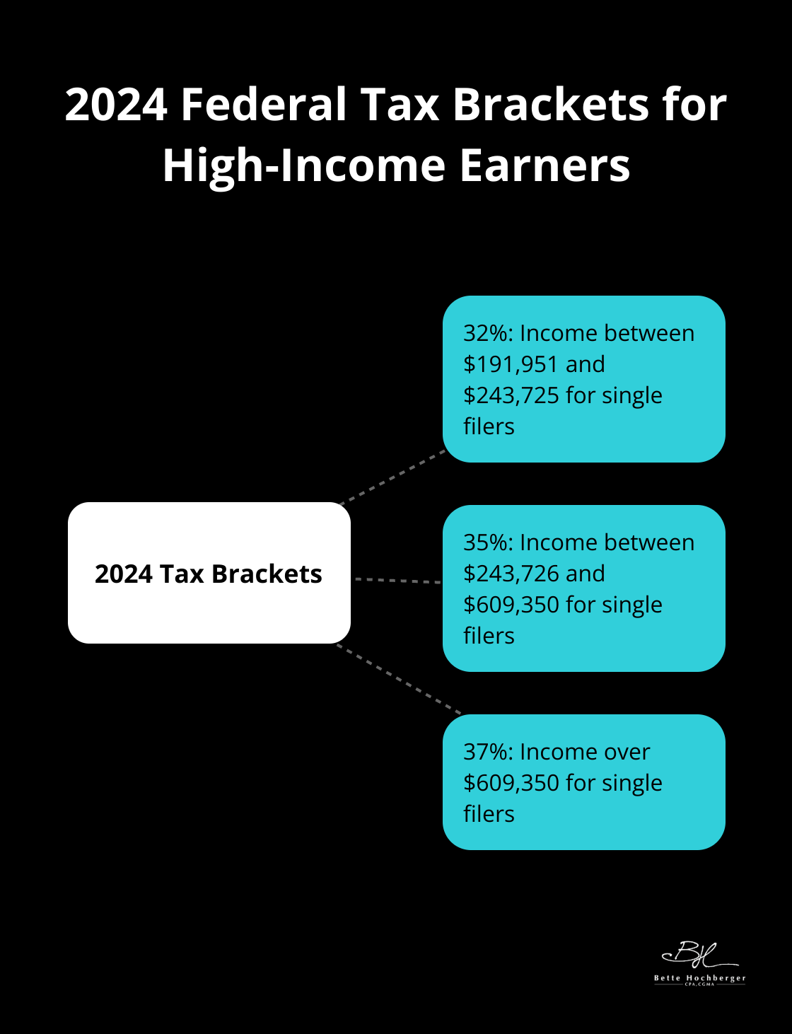 Hub and spoke chart showing 2024 federal tax brackets for high-income earners, with percentages and income ranges - best tax strategy for high income earners