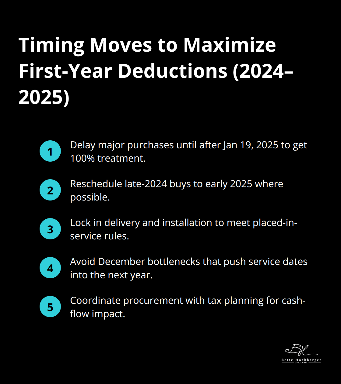 Compact list of actions to optimize purchase timing and placed-in-service requirements for bonus depreciation.