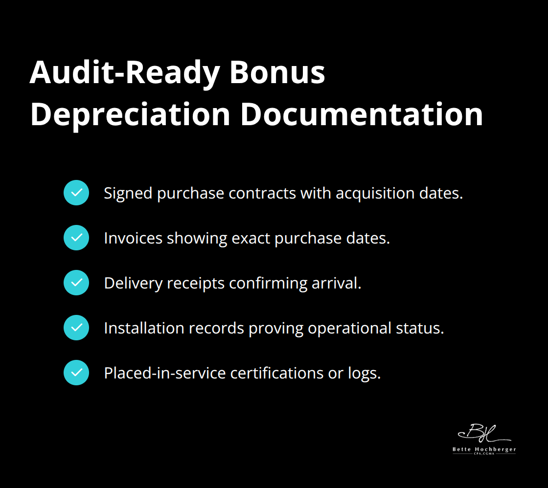 Checklist of records to substantiate bonus depreciation during an IRS exam.