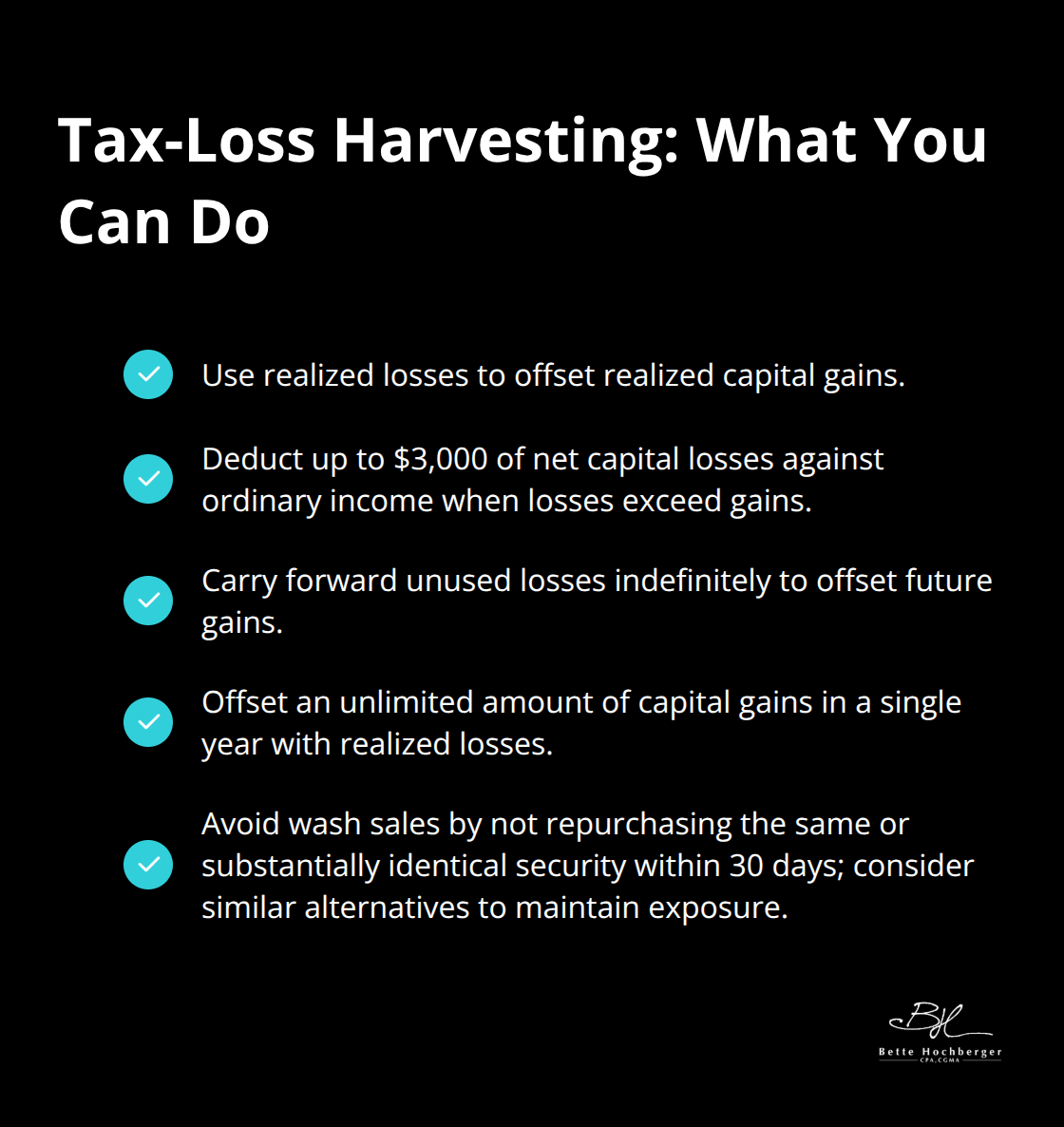Checklist infographic summarizing key tax-loss harvesting rules and benefits. - capital gains tax strategy