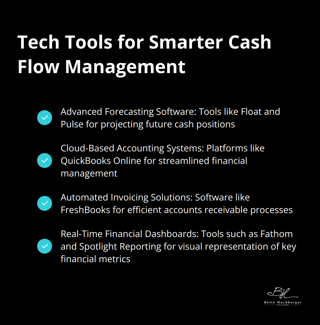 Checkmark list of tech tools for improved cash flow management - cash flow management example