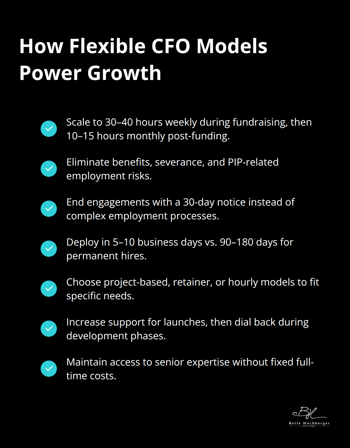 Checkmark list of flexibility and engagement benefits of outsourced CFO services.