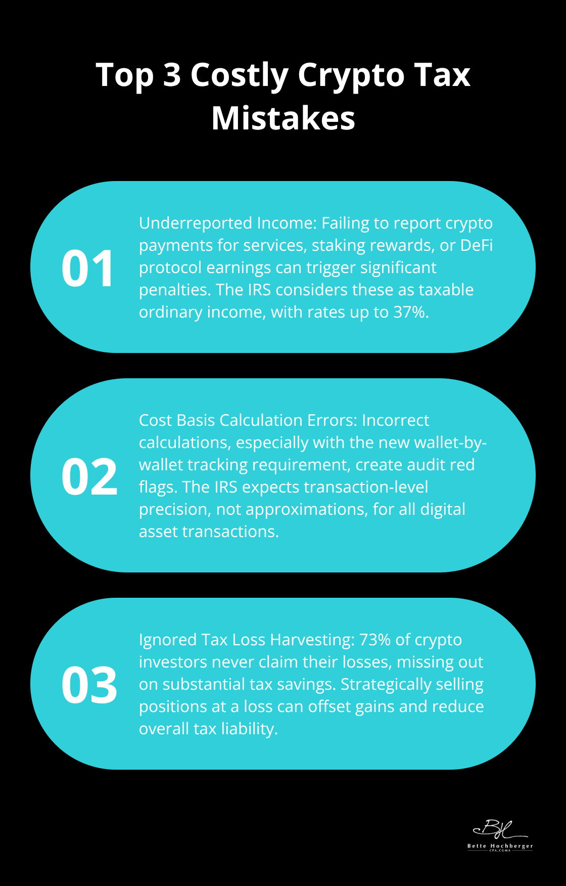 Ordered list chart highlighting three common and expensive crypto tax mistakes - crypto taxation