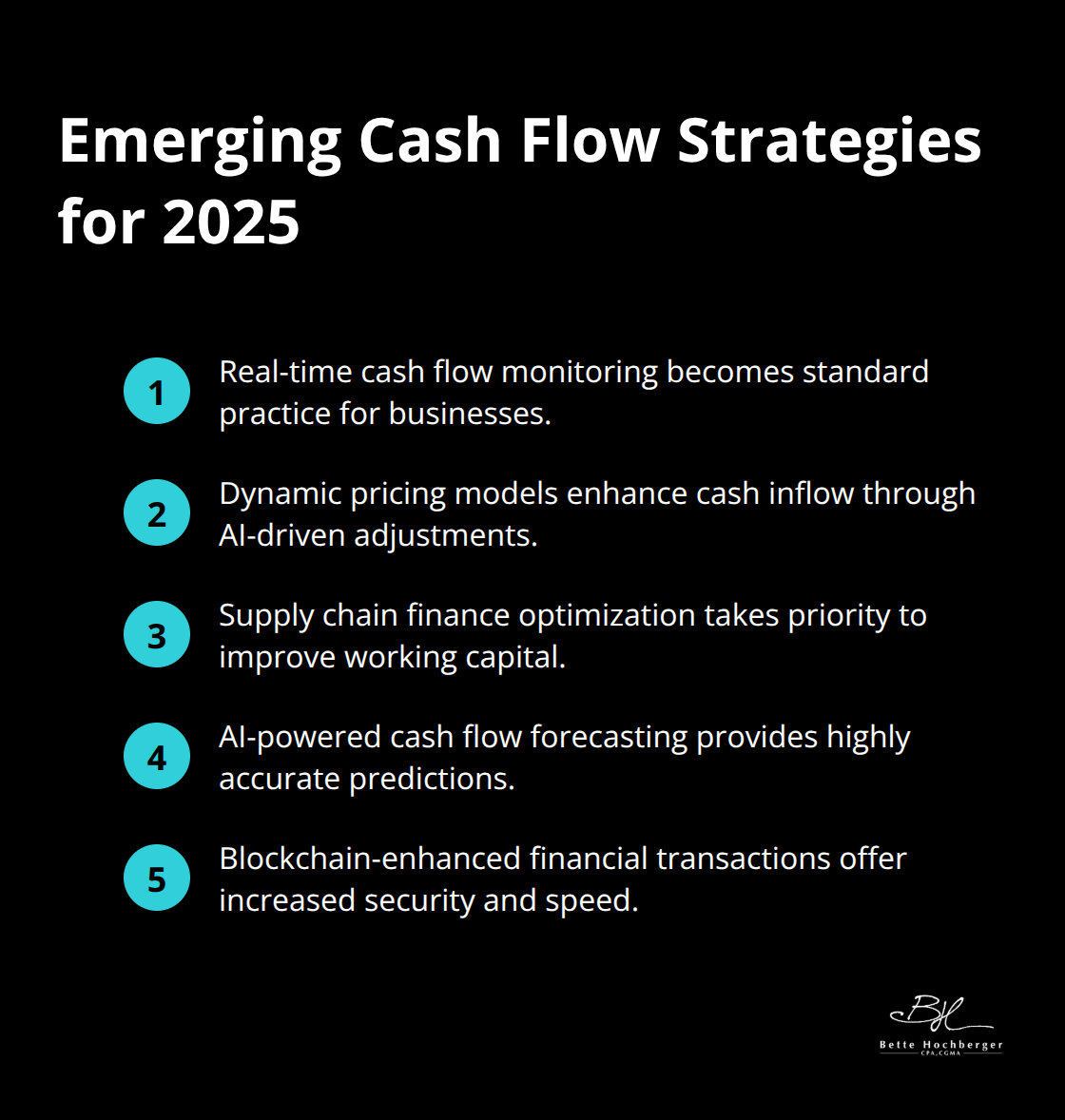 Ordered list of emerging cash flow strategies including real-time monitoring, dynamic pricing, supply chain finance optimization, AI-powered forecasting, and blockchain-enhanced transactions - financial news story about cash flow management 2025