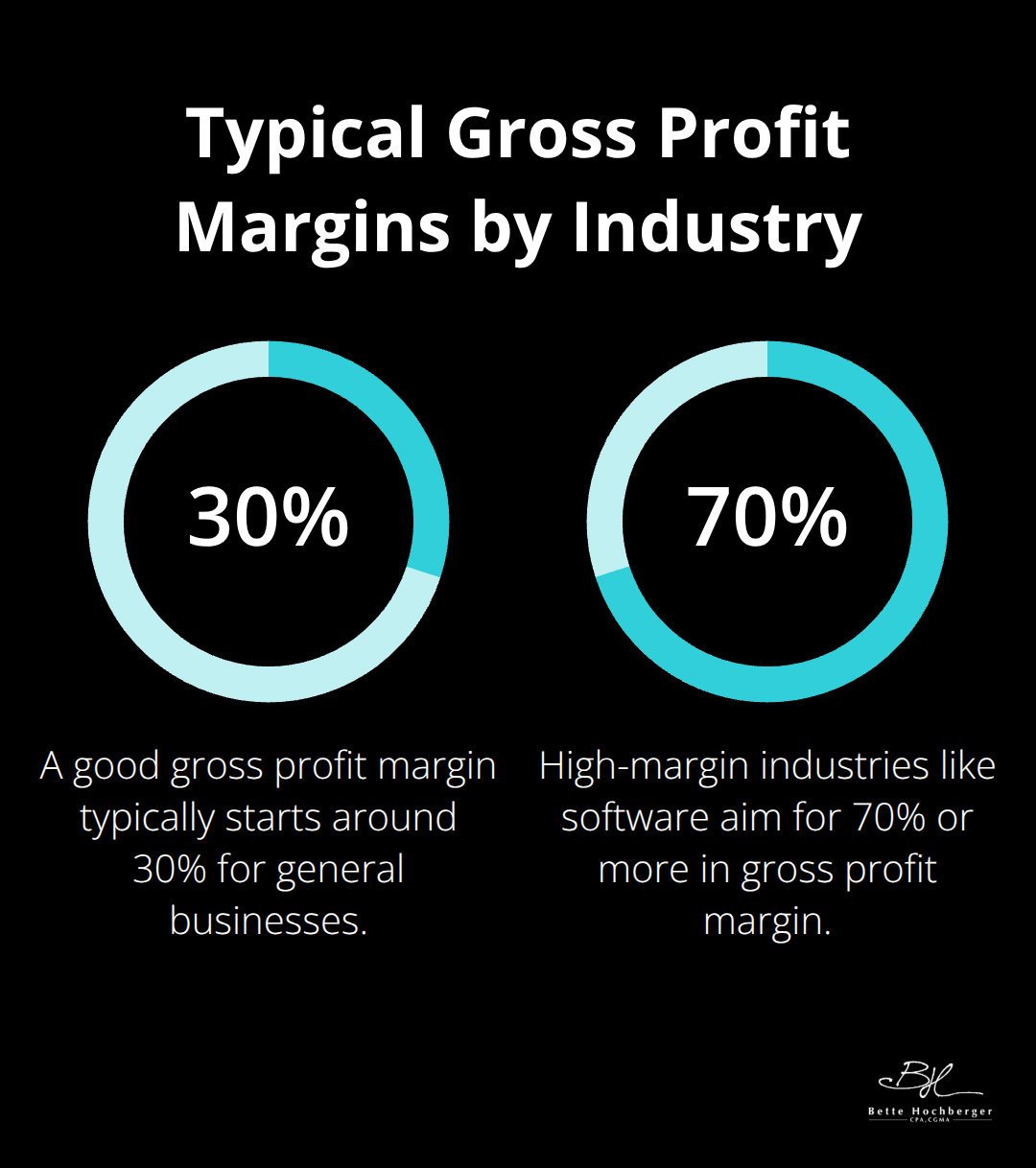 Chart showing typical gross profit margins: 30% for general businesses and 70% for high-margin industries like software - financial statements
