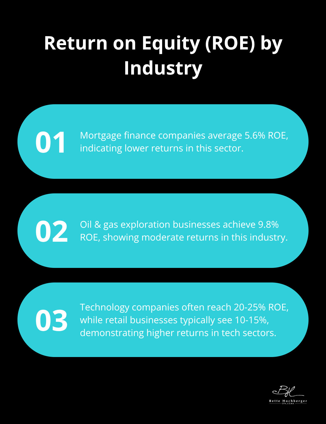 Chart showing Return on Equity percentages for different industries: mortgage finance, oil & gas exploration, technology, and retail - financial statements
