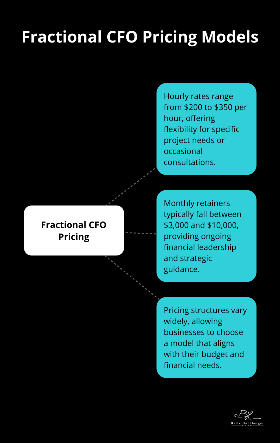 Hub and spoke chart illustrating various pricing models for fractional CFO services, including hourly rates and monthly retainers - fractional cfo firms