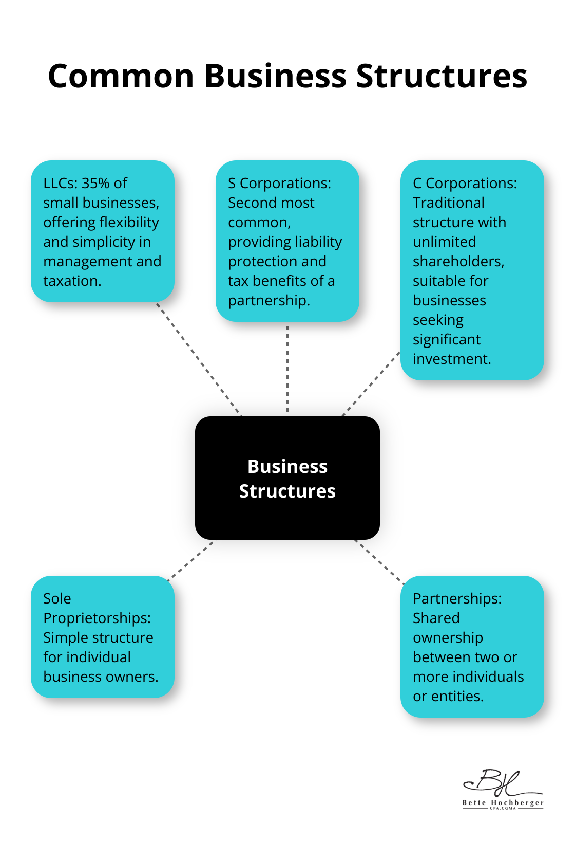 Hub and spoke chart showing common business structures with LLCs as the most popular - incorporating