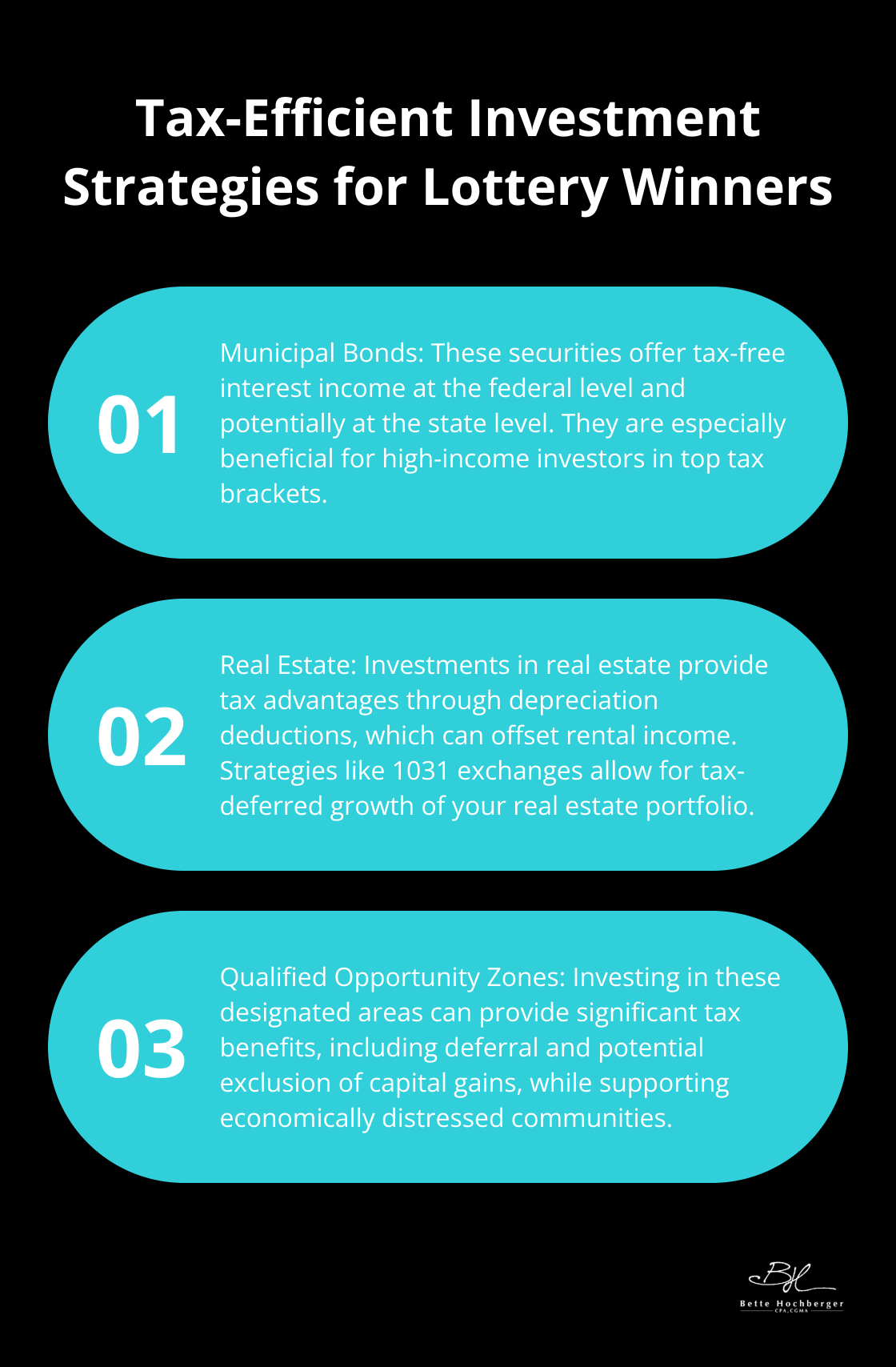 Ordered list chart showing three tax-efficient investment strategies for lottery winners: Municipal Bonds, Real Estate, and Qualified Opportunity Zones. - lottery winner tax strategy