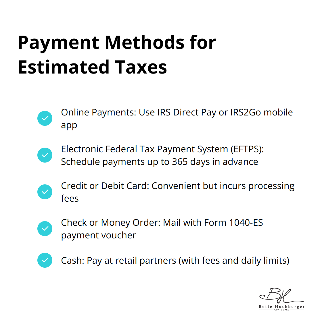 Checkmark list of five payment methods for estimated taxes - quarterly estimated tax payments