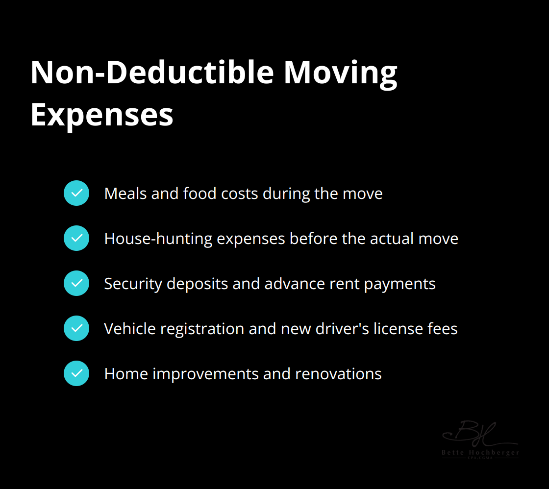 Checkmark list of non-deductible moving expenses including meals, house-hunting trips, security deposits, vehicle-related expenses, and home improvements