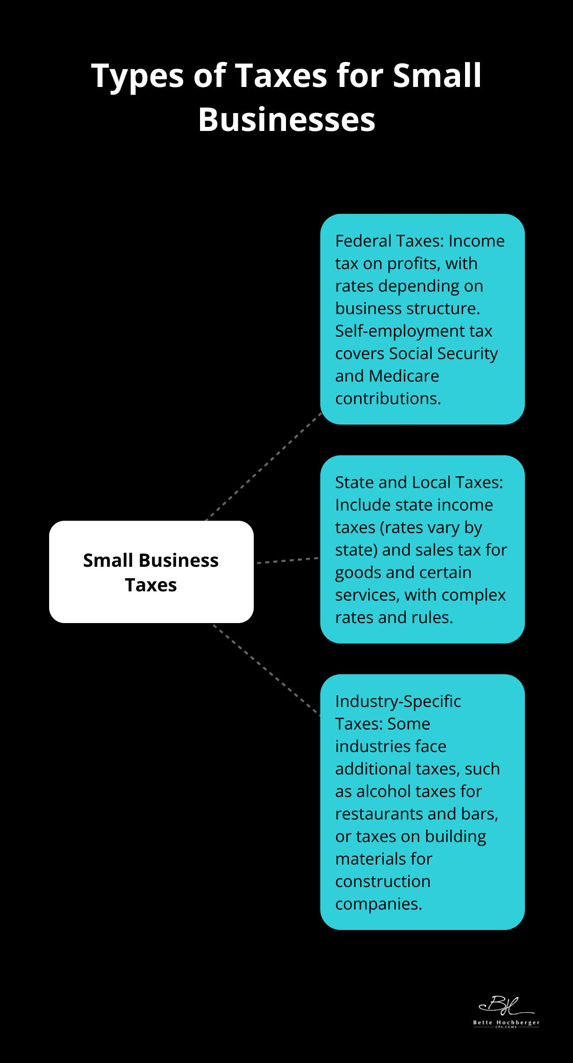 Hub and spoke chart showing different types of taxes small businesses pay, including federal, state and local, and industry-specific taxes - small business taxes