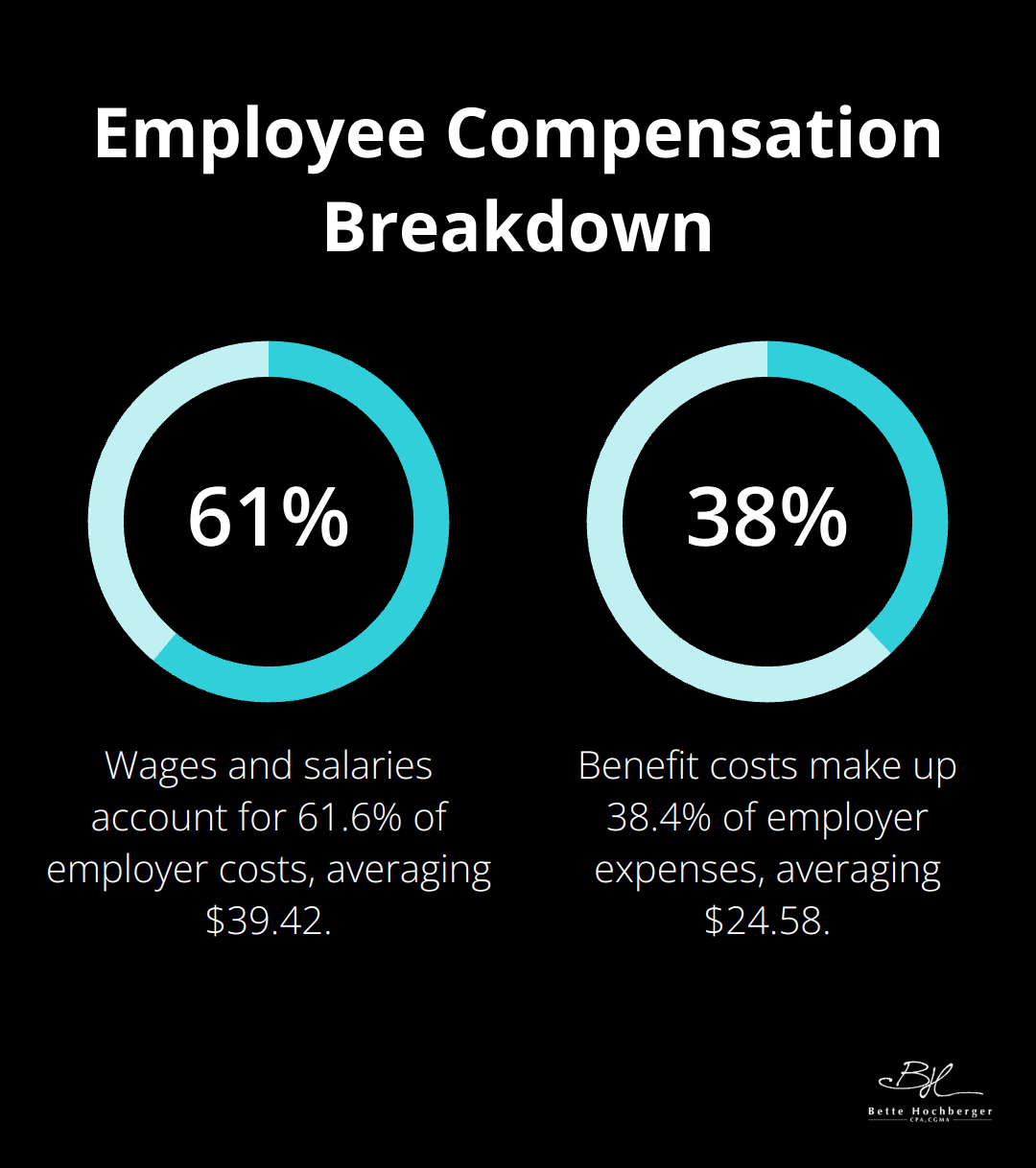 Pie chart showing the breakdown of employer costs: 61.6% for wages and salaries, and 38.4% for benefits - tax deductions for llcs