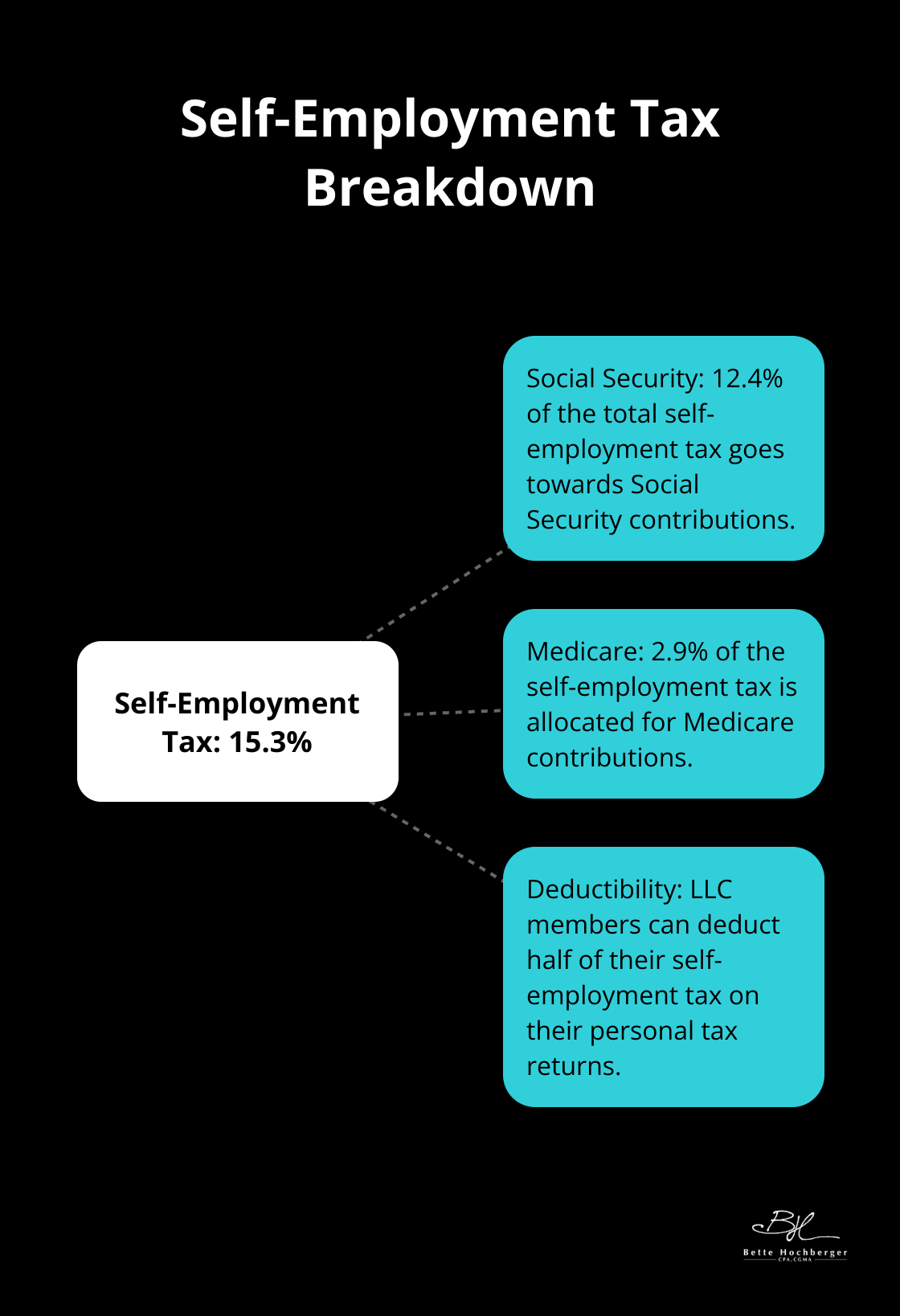 Hub and spoke chart showing the components of the 15.3% self-employment tax: 12.4% for Social Security and 2.9% for Medicare