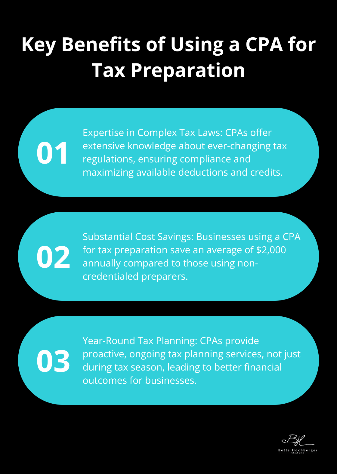 Ordered list chart showing three main benefits of using a CPA for tax preparation