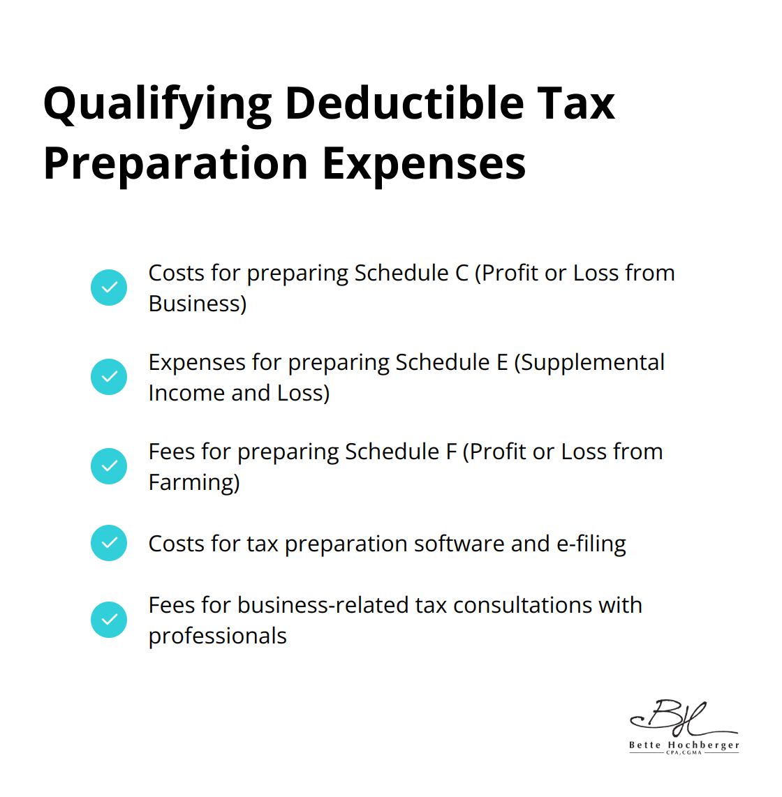 Checkmark list of qualifying deductible tax preparation expenses for small businesses.