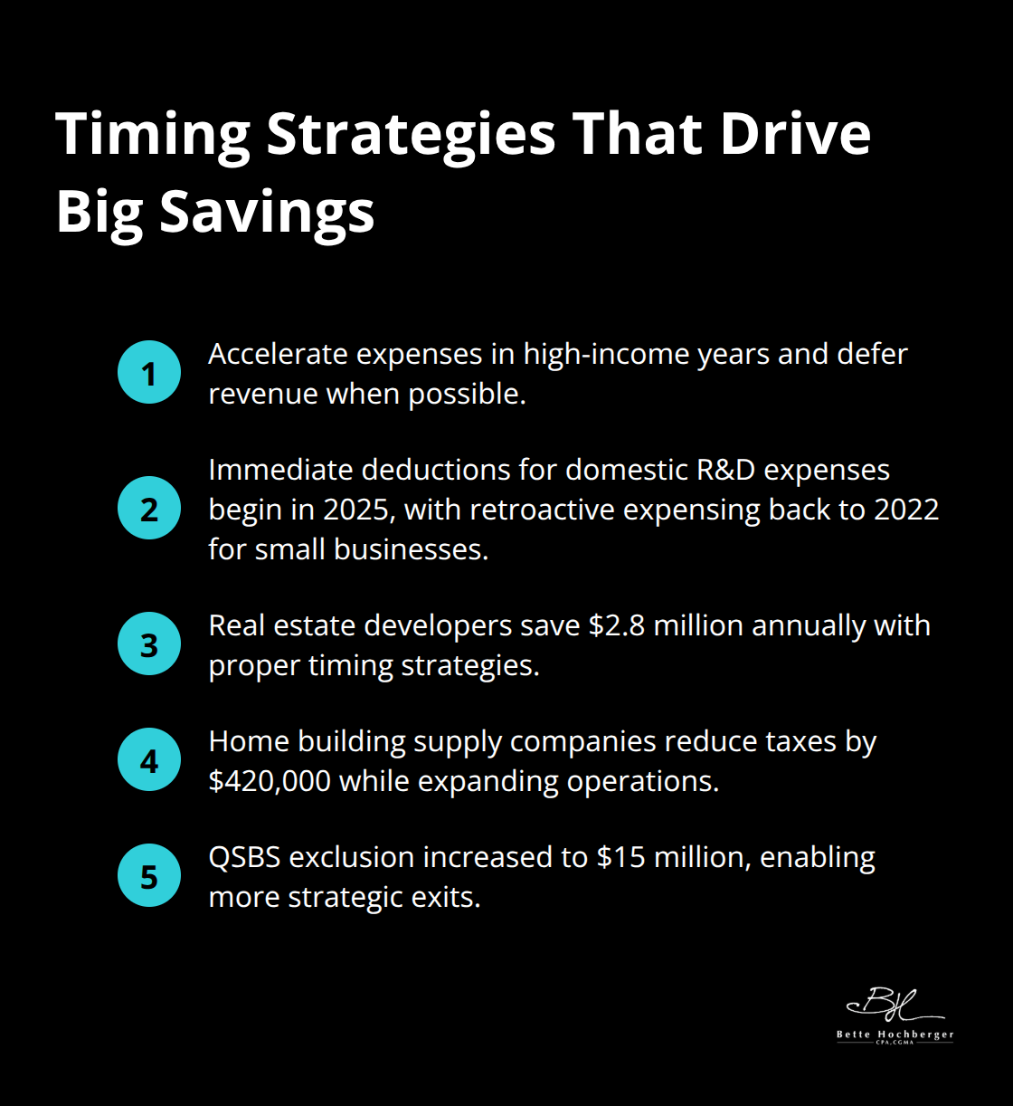Compact list of timing strategies and their resulting savings opportunities. - tax strategy consultation