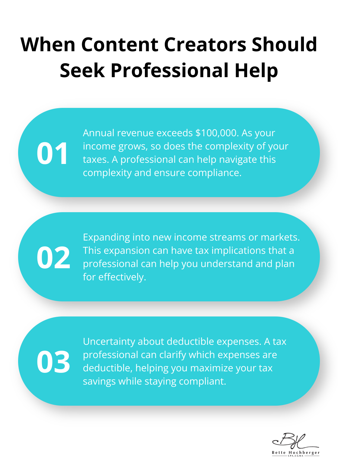 Ordered list chart showing four scenarios when content creators should consider hiring a tax professional or accountant